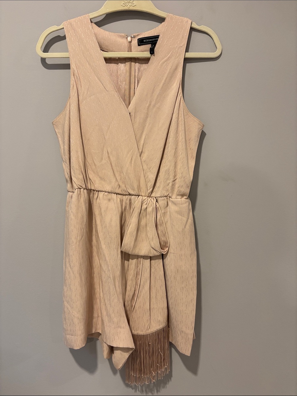 BCBGMaxAzria Lola Blush Peach Sleeveless Wrap Romper with Fringe